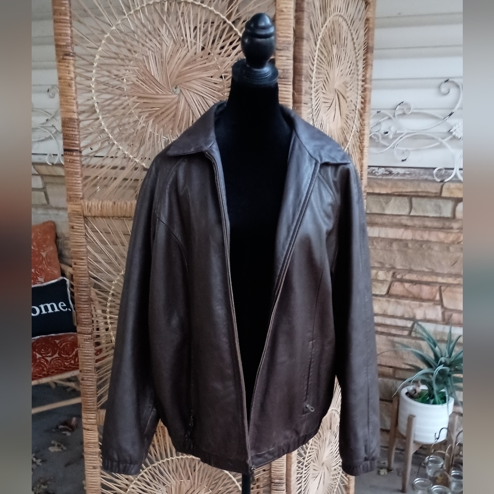 Vintage Preston & York Mens Brown Leather Flight Bomber Jacket Full-Zip_Large